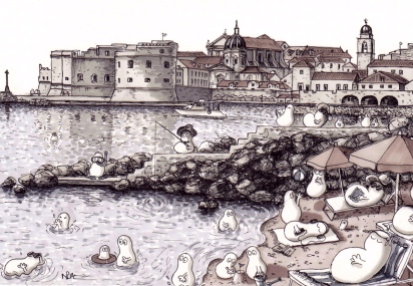Norms on Dubrovnik Beach (2014 © Nicholas de Lacy-Brown, pen and ink on paper)