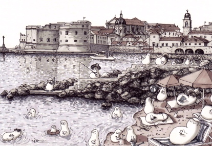 Norms on Dubrovnik Beach (2014 © Nicholas de Lacy-Brown, pen and ink on paper)