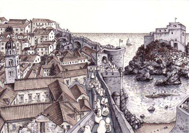 Tourist Norms visit the Walls of Dubrovnik (2014 © Nicholas de Lacy-Brown, pen and ink on paper)